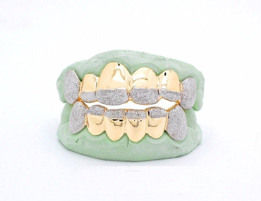 CUSTOM 10K GOLD OR 14K PLATED SILVER GOLD GRILLZ DIAMOND DUST TIP PUNCHOUT STYLE - FANATICS365