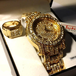 ICED OUT GOLD TONE SIMULATED DIAMOND WATCH & RING SET - FANATICS365