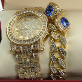Iced Out Simulated Diamond Watch, Cuban Bracelet & Sapphire Earrings Set - FANATICS365