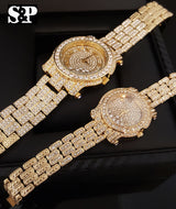 Luxury Gold Finish Iced Out Lab Diamond Roman Numeral Couples Watch Set - FANATICS365