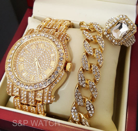 ICED OUT GOLD TONE BEST SELLER WATCH & RING & BRACELET COMBO SET - FANATICS365