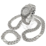 30" ICED OUT CUBAN STONE CHAIN, BRACELET and Watch - White Gold Bling Box - FANATICS365
