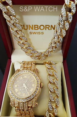 Iced Out Gold Tone Lab Diamond Watch, Cuban Bracelet & Chain Set - FANATICS365
