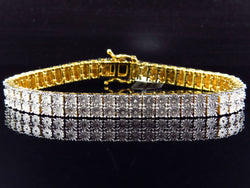 Yellow Gold Finish Round Cut Real 2 Row 7 MM Diamond Bracelet 8 Inch - FANATICS365