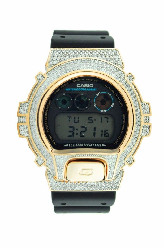 14K Yellow Gold Plated Iced out Bling Lab Diamond Casio G-Shock DW6900 - FANATICS365