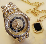 ICED OUT GOLD RICK ROSS WATCH & ONYX NECKLACE & EARRINGS COMBO SET - FANATICS365