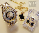 ICED OUT GOLD RICK ROSS WATCH & ONYX NECKLACE & EARRINGS COMBO SET - FANATICS365