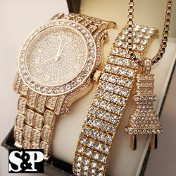 Iced Out Lab Diamond Watch & Bracelet & Power Plug Necklace Gift Set - FANATICS365
