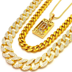 DREAM CHASER 3 CHAINS SET GOLD FINISH MIAMI CUBAN LINK NECKLACE ICED OUT - FANATICS365