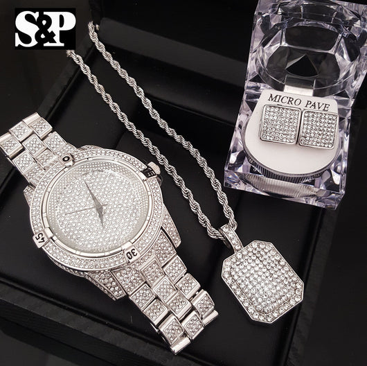ICED OUT BLING BOX!  LAB DIAMOND WATCH, NECKLACE & EARRINGS COMBO SET - FANATICS365