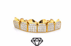 Custom 14k Gold Plated Big Stone Micropave Lab Diamond Blocks 6 or 8 Teeth Grill - FANATICS365