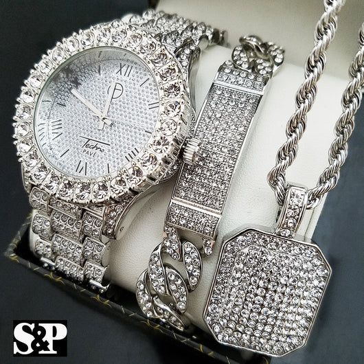 ICED OUT HIP HOP SILVER PT WATCH & FULL ICED NECKLACE & BRACELET COMBO SET - FANATICS365