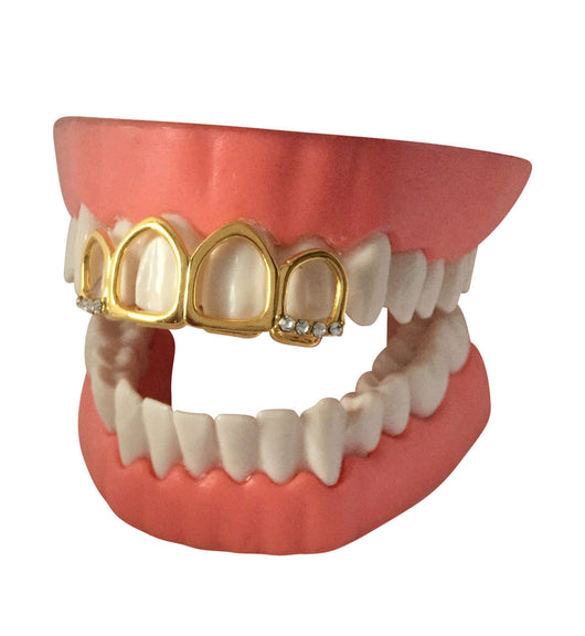 14K GP Upper Front 4 Teeth Grillz Grill Tooth Cap w/ CZ Stones - FANATICS365
