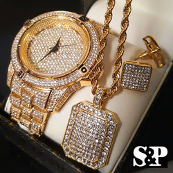 ICED OUT GP LAB DIAMOND WATCH, NECKLACE & EARRINGS COMBO SET - FANATICS365