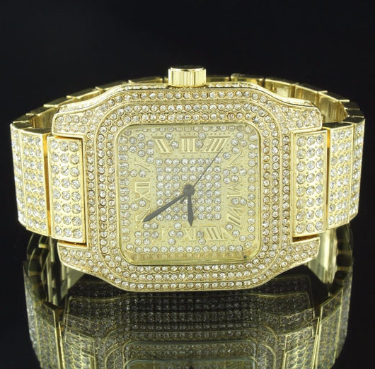 Iced Out Gold Tone Techno Pave Simulated Diamond Watch & Earrings Set - FANATICS365
