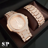Iced Out Lab Diamond Luxury Rose Gold PT WATCH & BRACELET Gift Set - FANATICS365