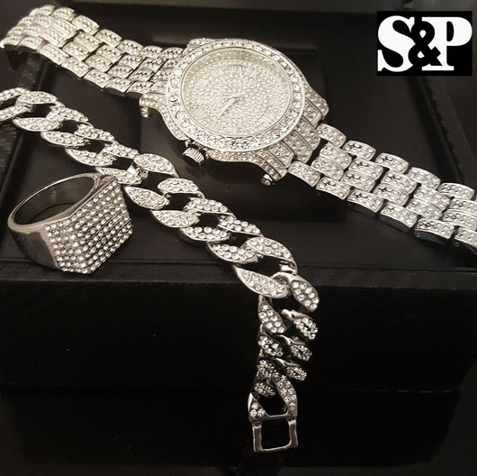 ICED OUT CZ WATCH, STAINLESS STEEL RING & BRACELET COMBO SET - FANATICS365
