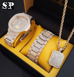 The Gold Ice Bling Box - GOLD PT WATCH, FULL ICED NECKLACE & BRACELET COMBO - FANATICS365