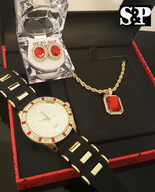 ICED OUT GOLD PT CZ WATCH, RUBY NECKLACE & EARRINGS GIFT COMBO SET - FANATICS365