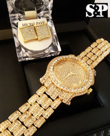 Gold PT Techno Pave Simulated Diamond Watch & Earrings Set - FANATICS365