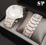 WHITE GOLD PT WATCH & FULL ICED OUT NECKLACE & BRACELET Box Set - FANATICS365