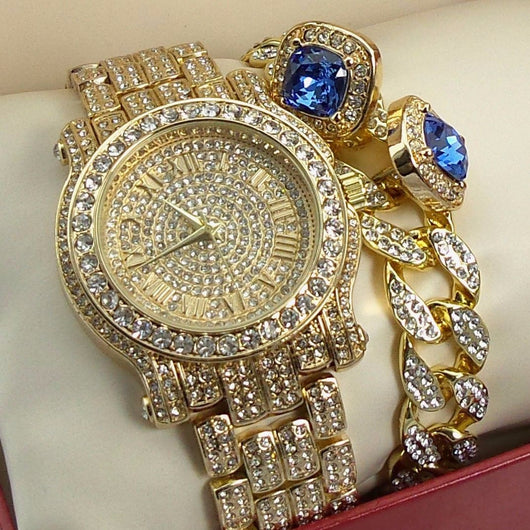 Iced Out Simulated Diamond Watch, Cuban Bracelet & Sapphire Earrings S ...
