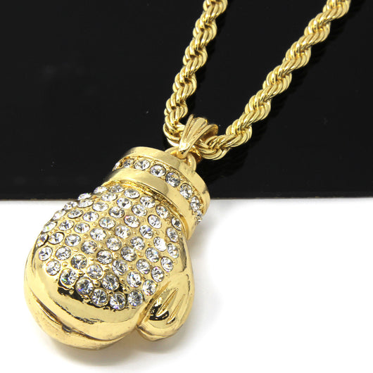 14k Yellow Gold Plated 24in Iced Out Boxing Glove Rope Chain Necklace 4 MM - FANATICS365