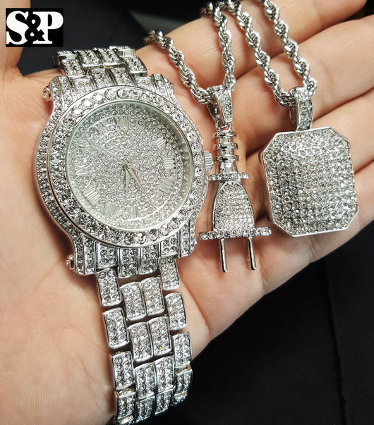 Iced Out Watch, Power Plug & Iced Square Chain Bling Box - FANATICS365