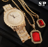 Iced Out Lab Diamond Watch & Red Ruby 2 Necklace Bling Box - FANATICS365