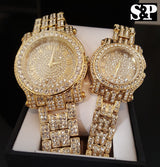 Luxury Gold Finish Iced Out Lab Diamond Roman Numeral Couples Watch Set - FANATICS365