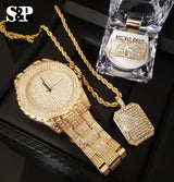 ICED OUT GOLD PT LAB DIAMOND WATCH, NECKLACE & EARRINGS SET - FANATICS365