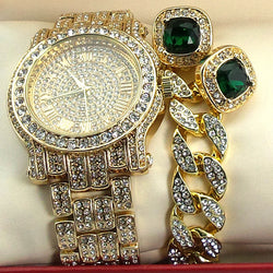 Iced Out Simulated Diamond Watch, Cuban Bracelet & Emerald Earrings Set - FANATICS365