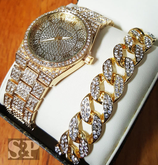 Iced Out Gold PT Simulated Diamond WATCH & Cuban Bracelet Gift Set - FANATICS365