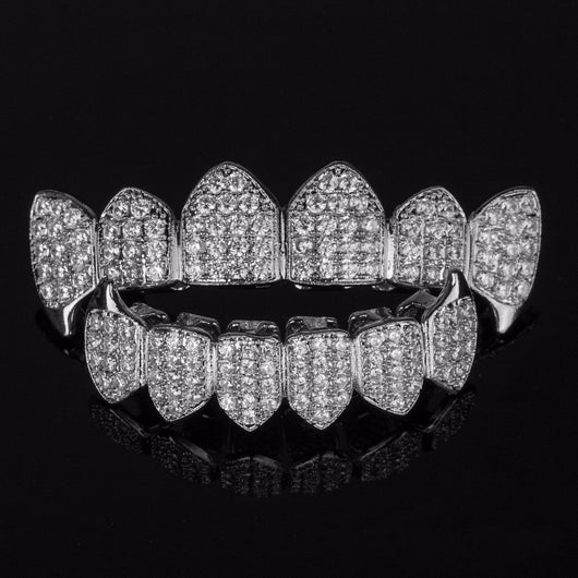 Iced Out SILVER Plated  CZ Top Fang & Bottom Fang GRILLZ - FANATICS365