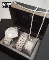 WHITE GOLD PT WATCH & FULL ICED OUT NECKLACE & BRACELET Box Set - FANATICS365