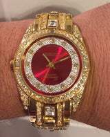 Iced Hip Hop CZ Crystal 14K Gold Plated Metal Geneva Red Ruby Dial Watch - FANATICS365