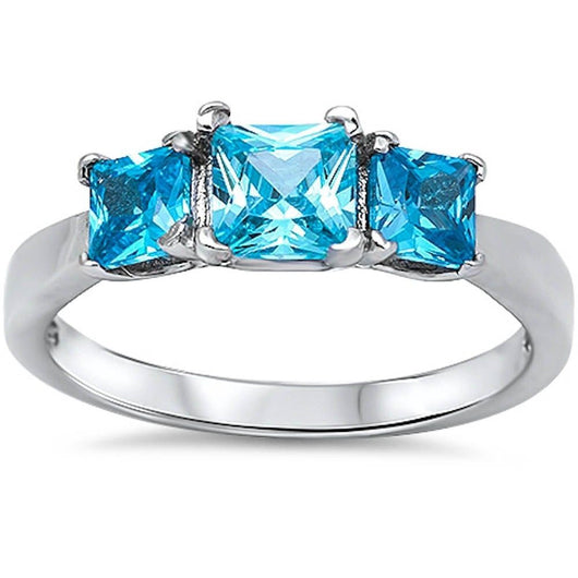 3 Princess Cut Elegant Blue Topaz .925 Sterling Silver Ring - FANATICS365